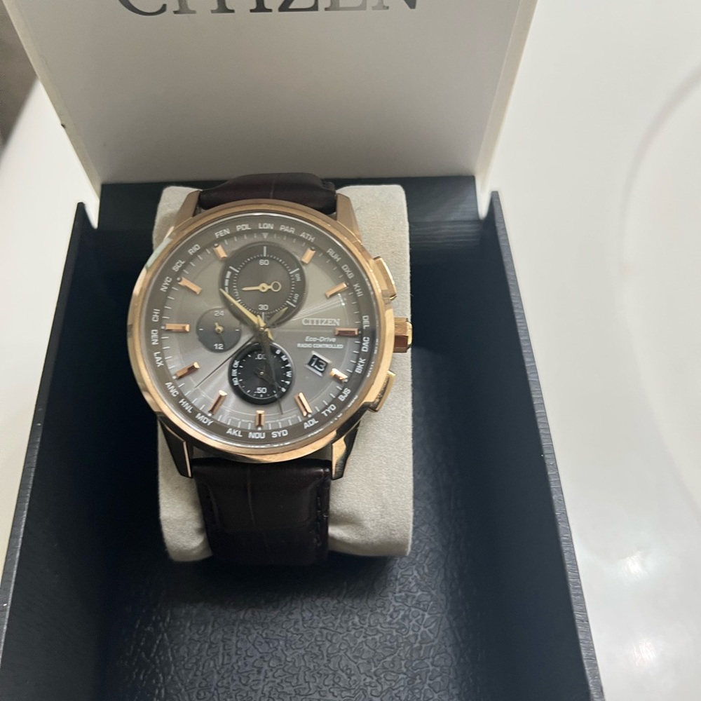 Citizen Rose Gold Case Watch with Gray Dial and Brown Leather Strap